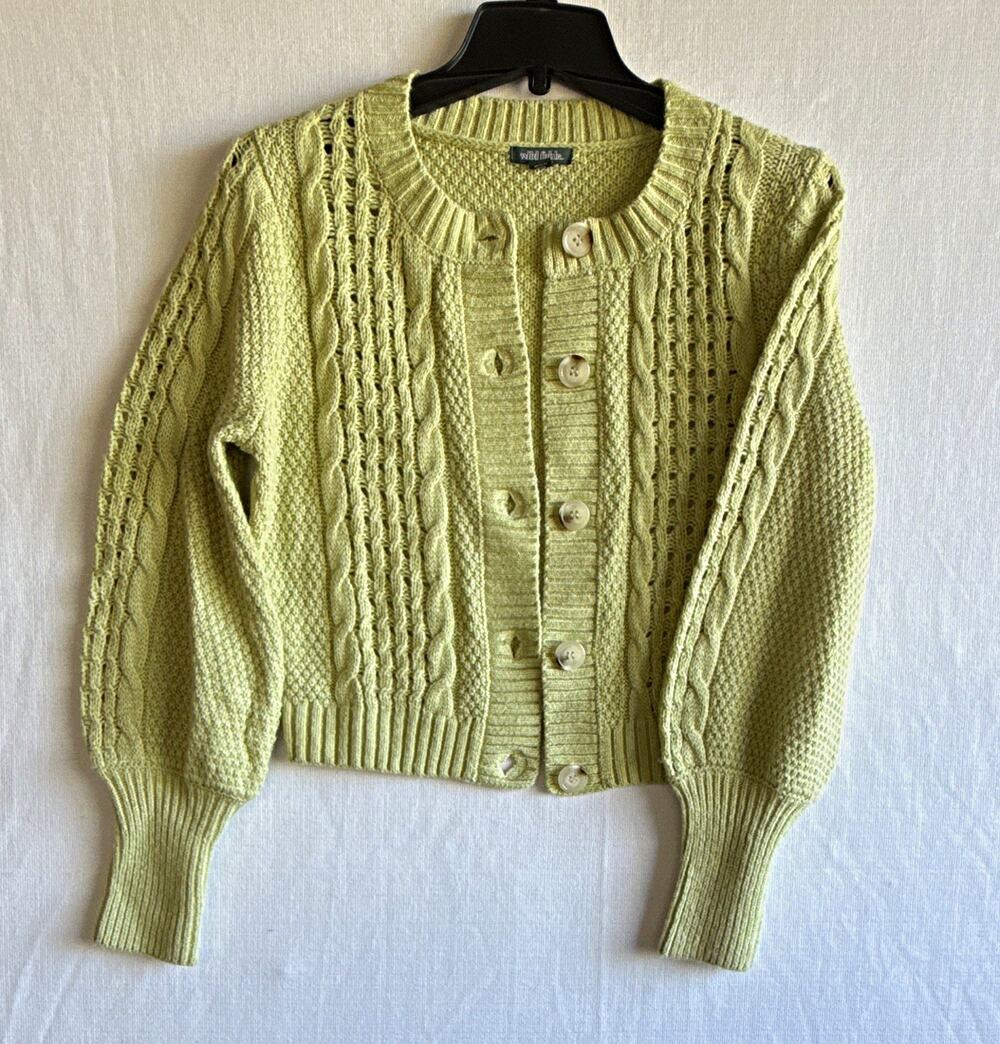 Wild Fable Green Cable-Knit Button-Front Crew Neck Cardigan Sweater Women S